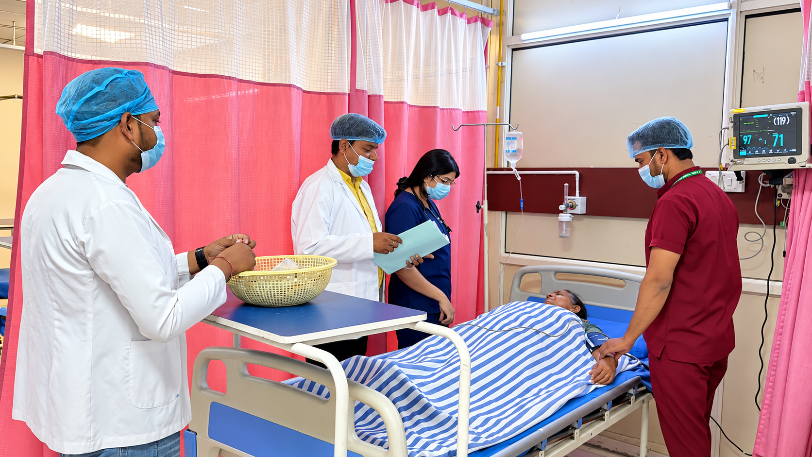 Healthcare Team Attending Patient in Hospital Ward